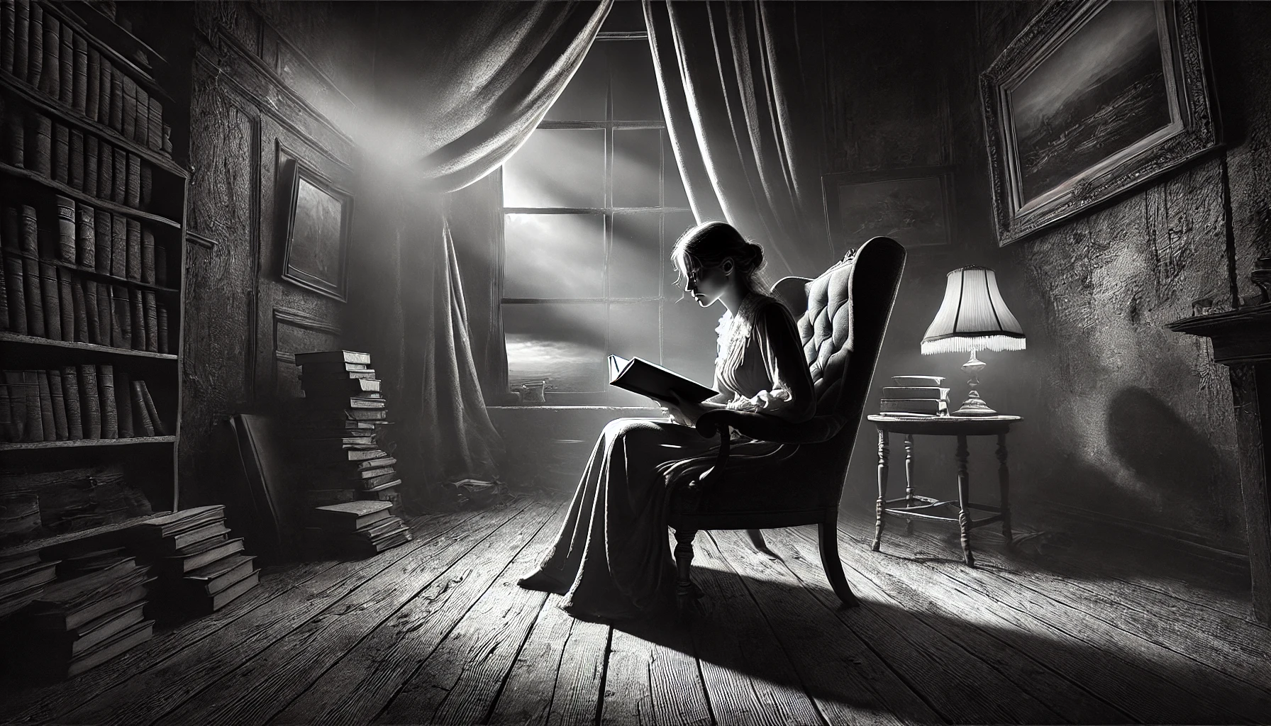 The image captures a solitary woman reading a book in a dramatic, shadowy environment, with a single beam of light from a window illuminating her in an otherwise dark, weathered room, evoking a sense of introspection and solitude.