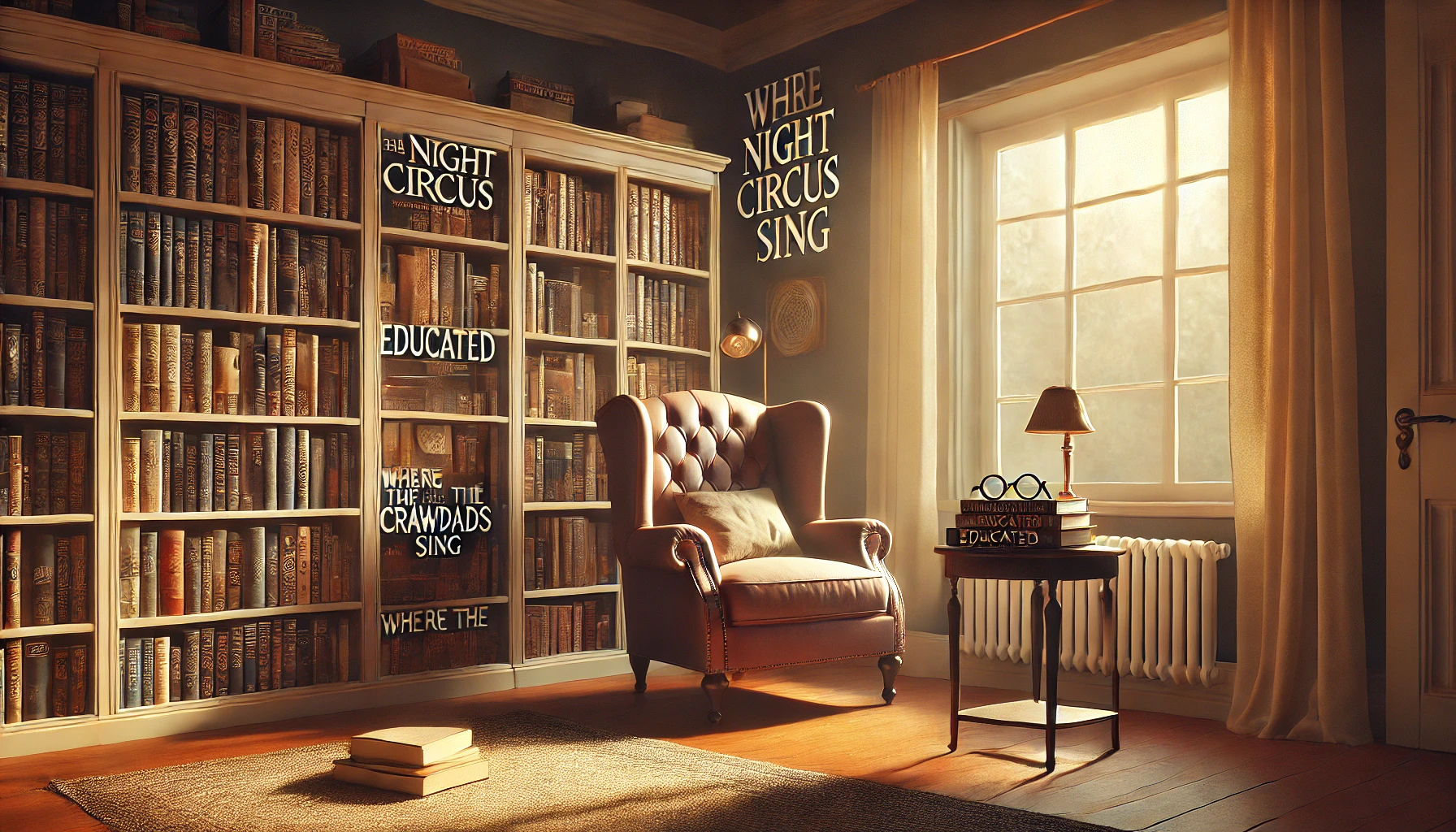 home library with an armchair by a large window.