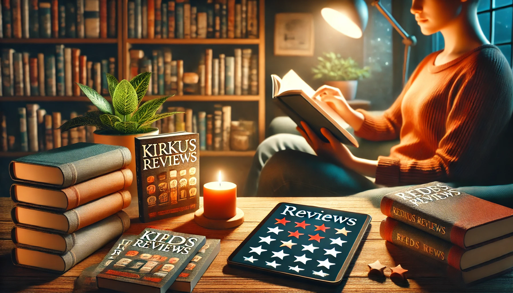 a person sitting in a cozy corner reading a book with a tablet or phone on the table displaying reviews from platforms like Kirkus Reviews, Reedsy Discovery, and Readers' Favorite.