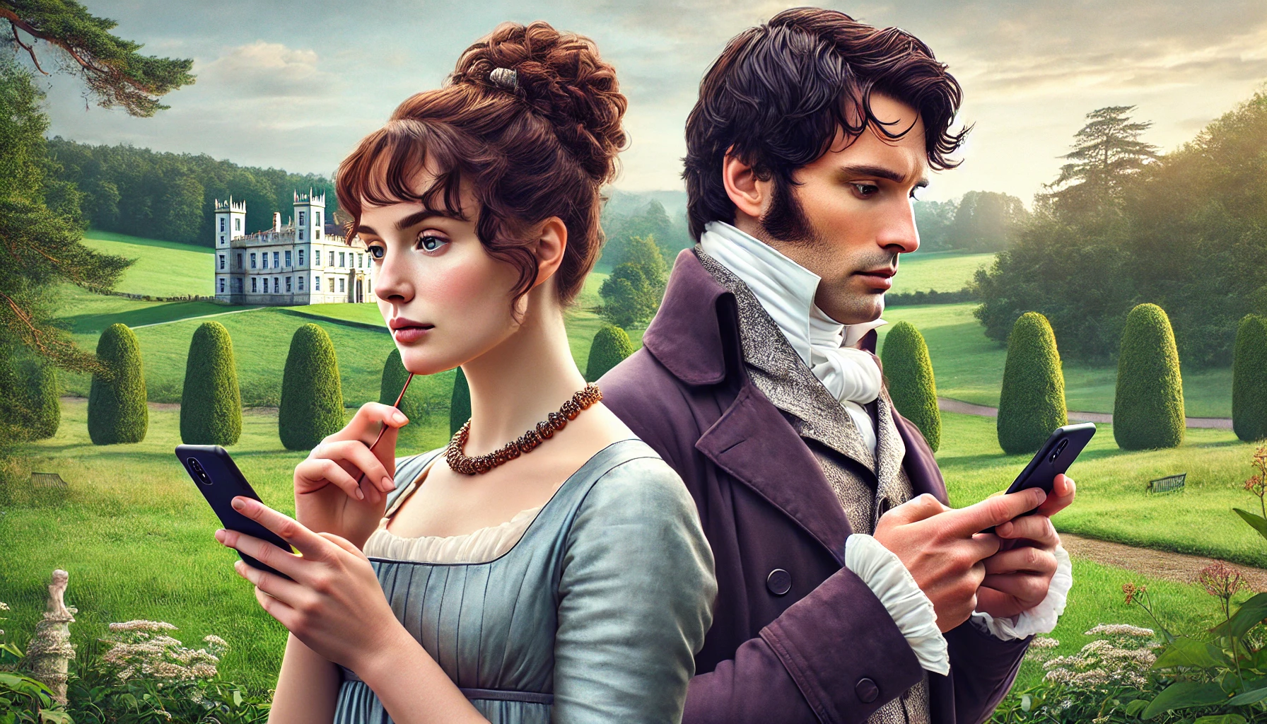 Thoughtful characters from the novel Pride and Prejudice, Elizabeth Bennet and Mr. Darcy are holding their smartphones.