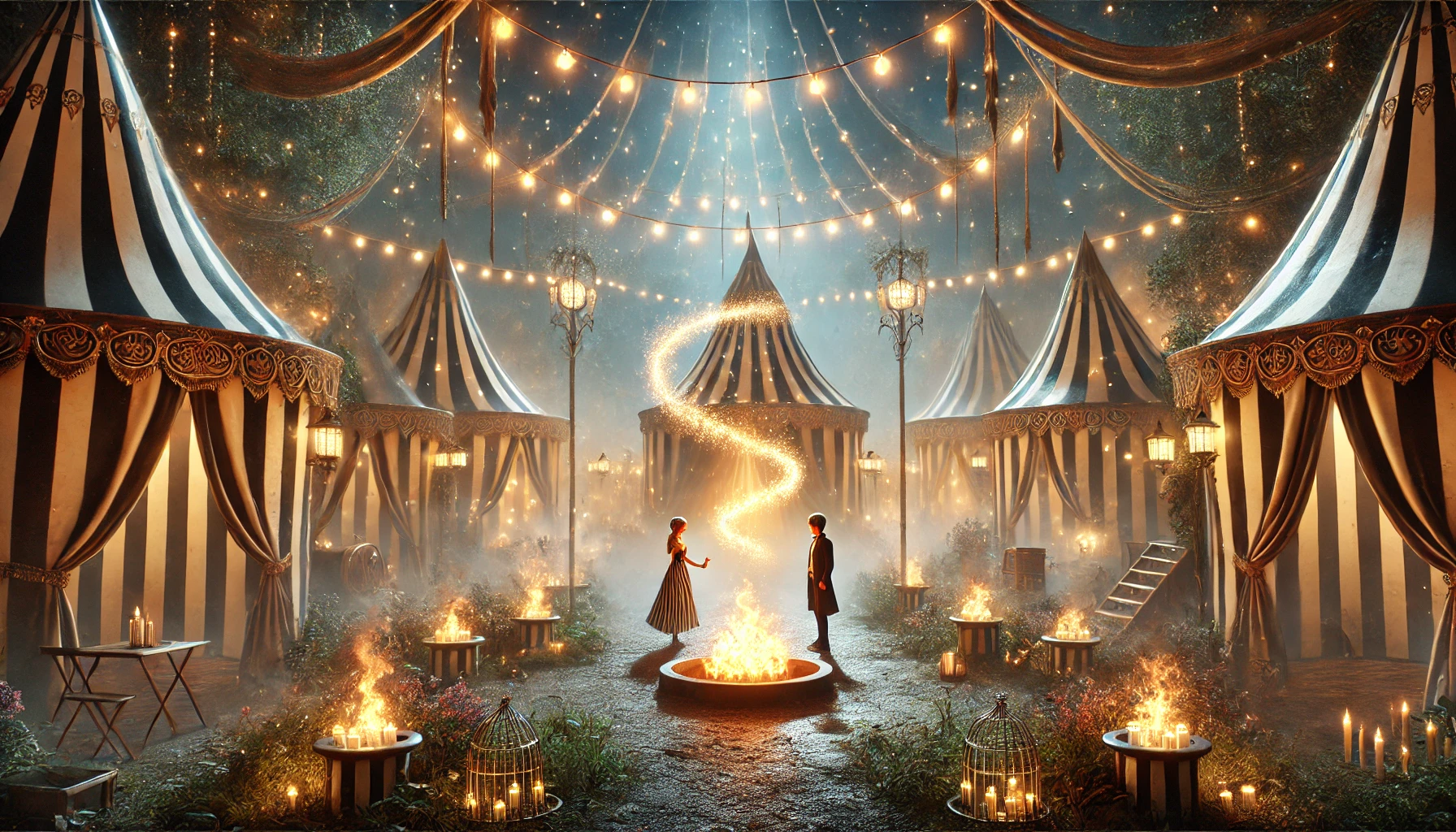 The magical, mysterious circus setting from "The Night Circus" by Erin Morgenstern, with black-and-white striped tents and enchanting details.