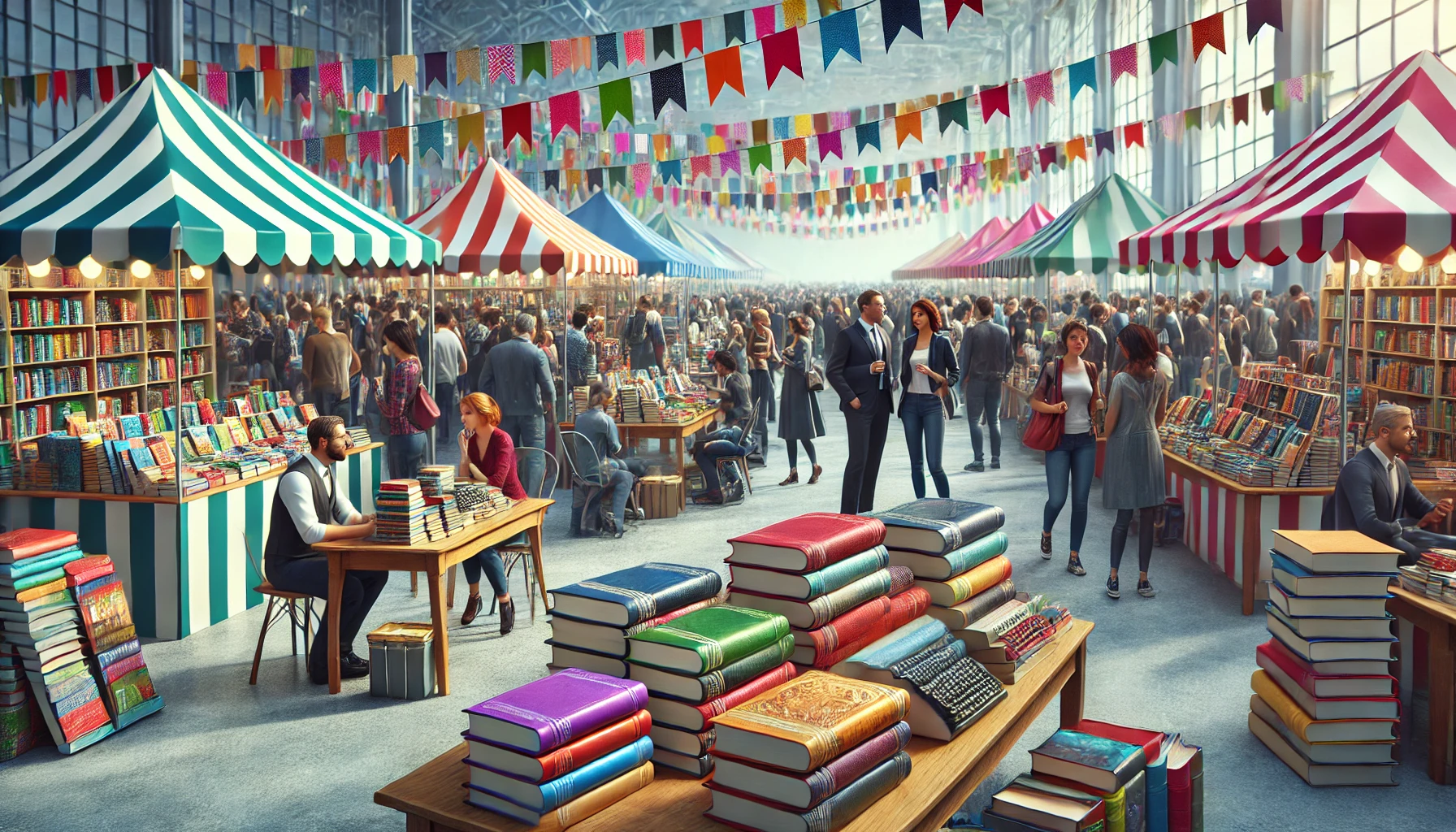 A vibrant book fair or literary festival with people exploring book stalls, colorful banners, and a lively atmosphere.