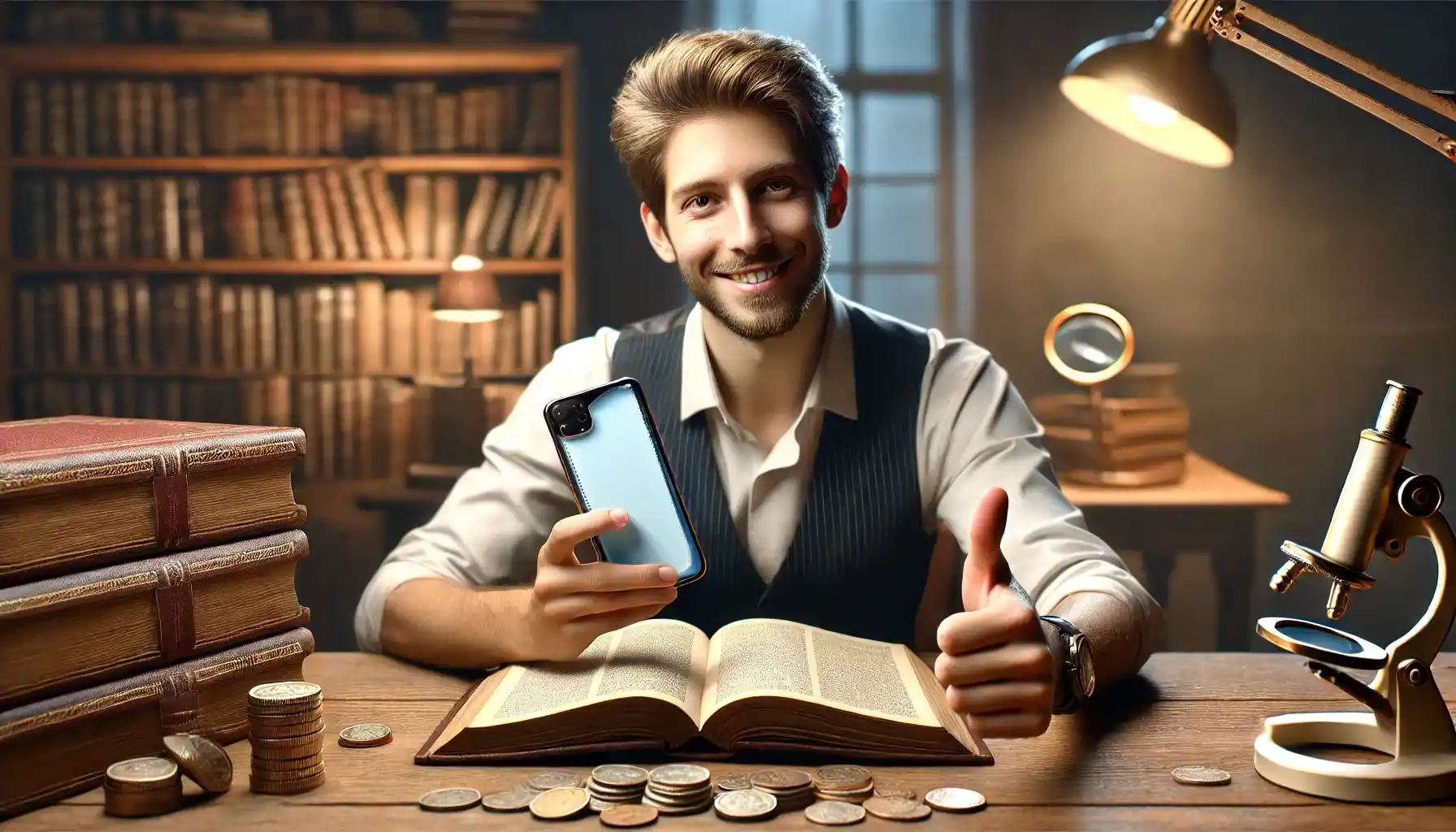 A young man is sitting at a wooden desk, smiling confidently and giving a thumbs-up with his other hand, signifying success in using both traditional and digital tools for numismatic research. 