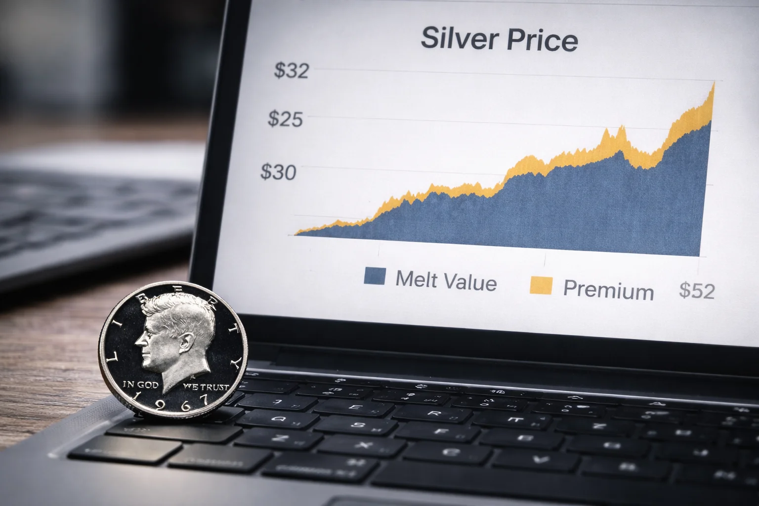 1967 Kennedy half dollar near silver price chart.